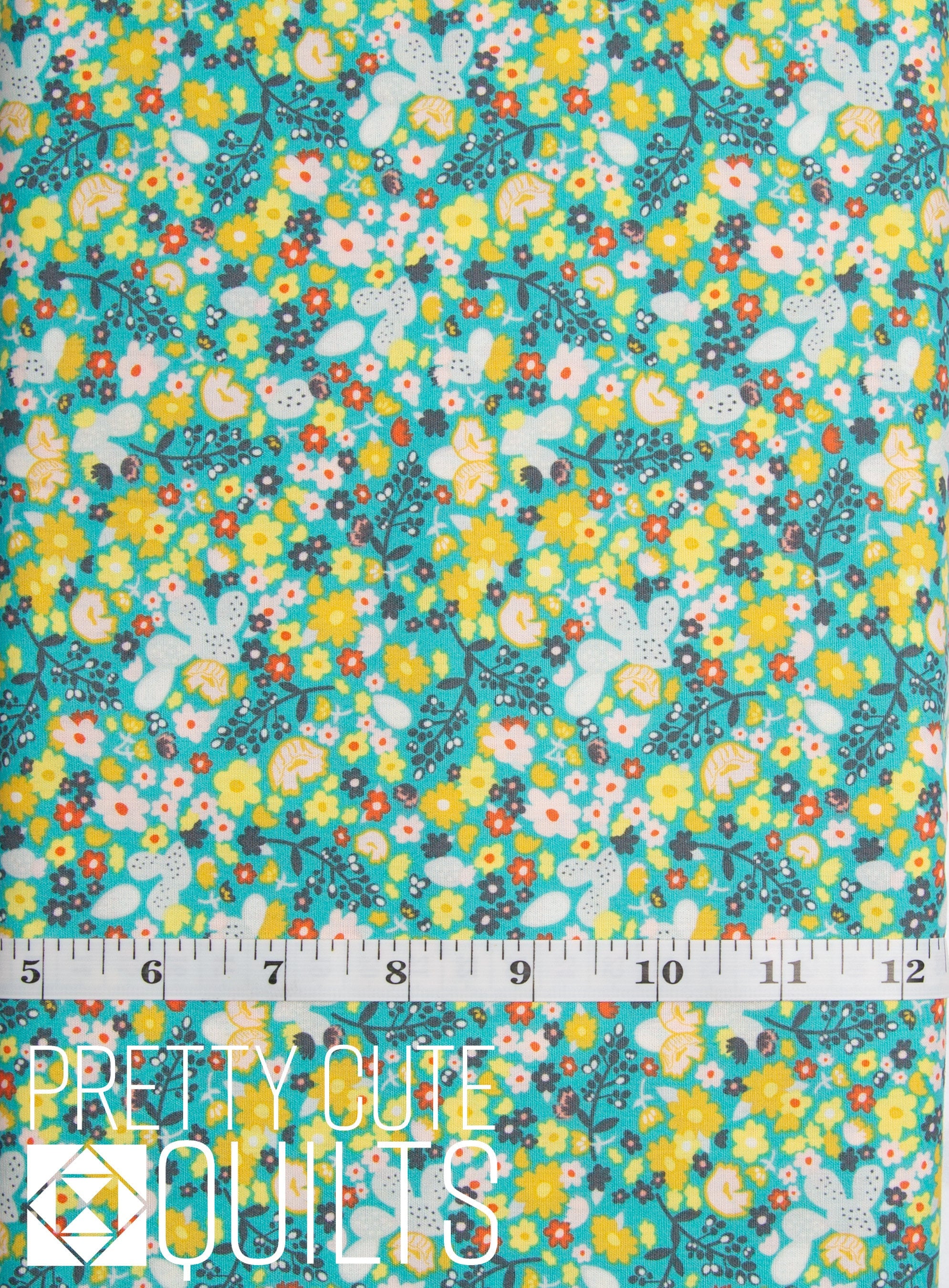 Summer Field DAT-89404 designed by Dana Willard for Art Gallery Fabrics - teal aqua flowers yellow small print