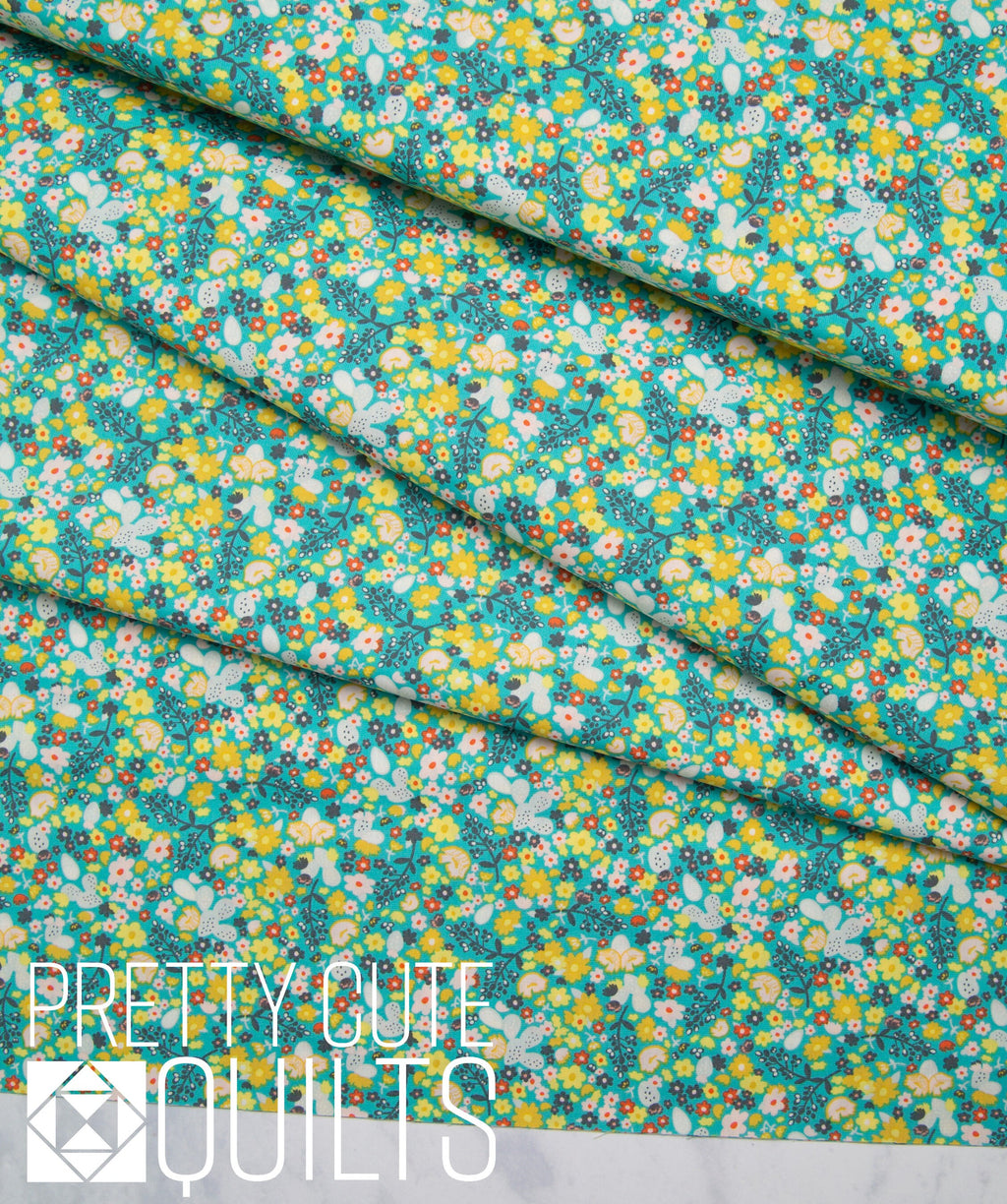 Summer Field DAT-89404 designed by Dana Willard for Art Gallery Fabrics - teal aqua flowers yellow small print