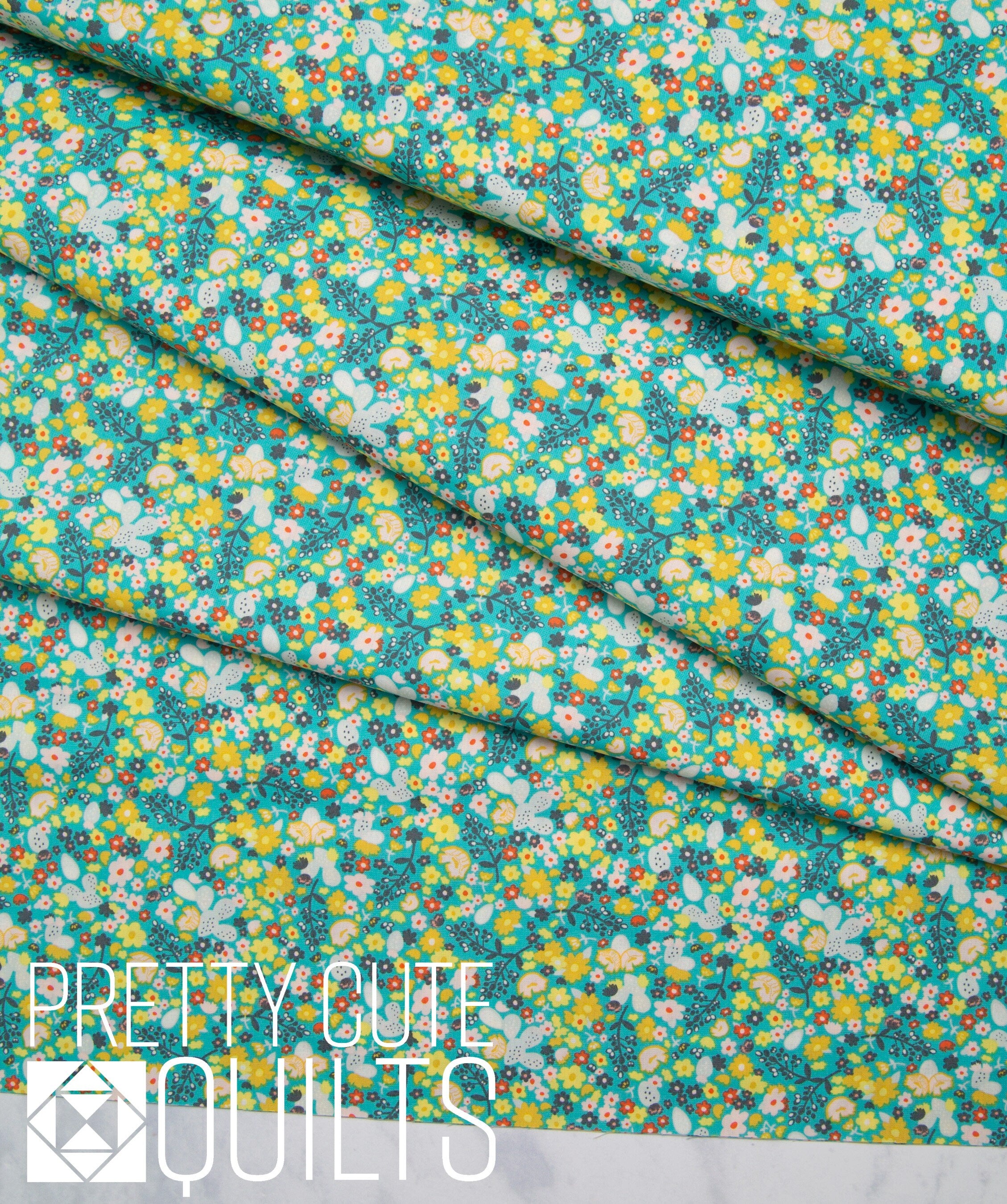 Summer Field DAT-89404 designed by Dana Willard for Art Gallery Fabrics - teal aqua flowers yellow small print