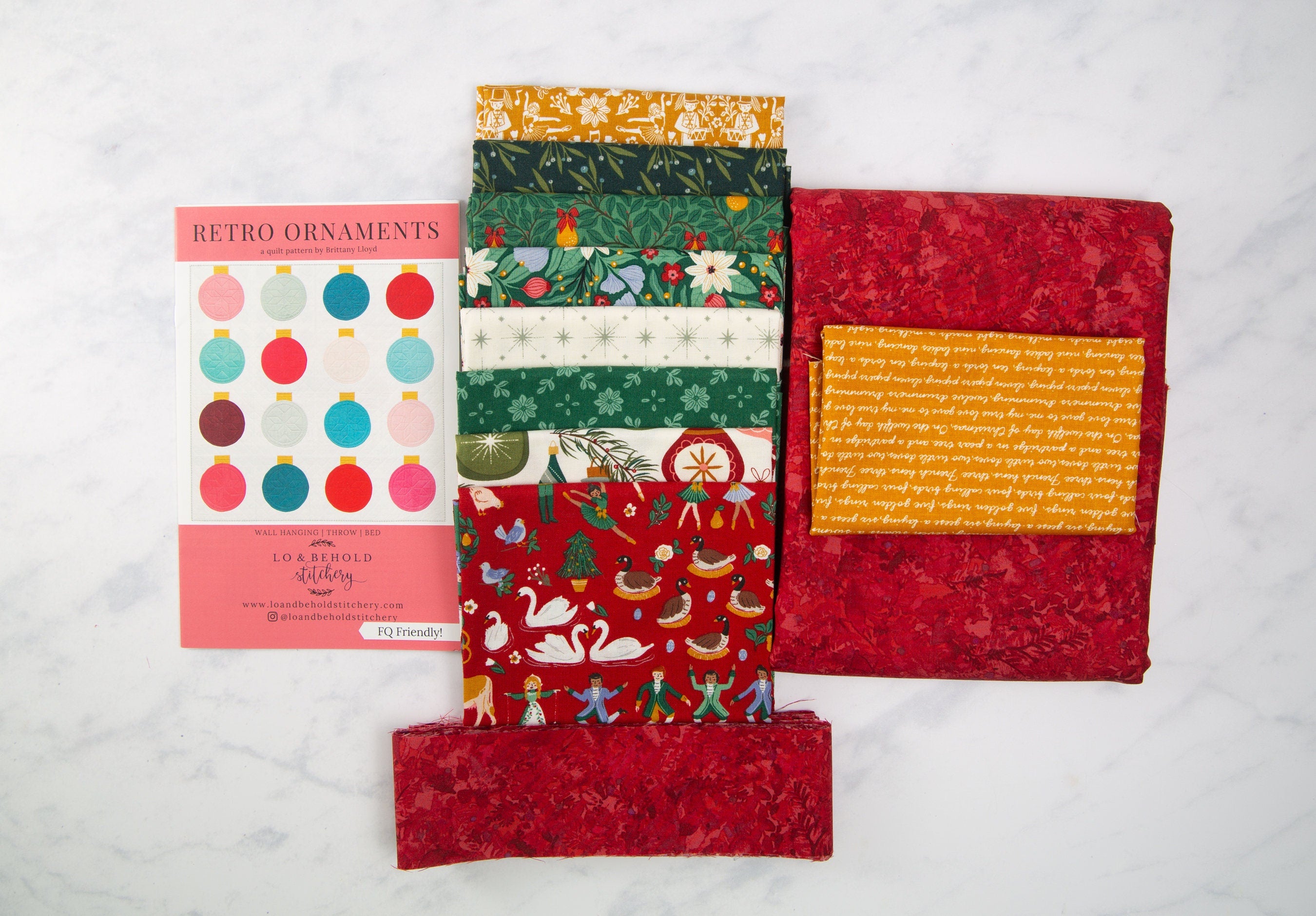 Retro Ornaments Christmas Quilt Kit | Includes Pattern by Lo and Behold Stitchery | 64in x 64in Throw/Lap Size Quilt Kit