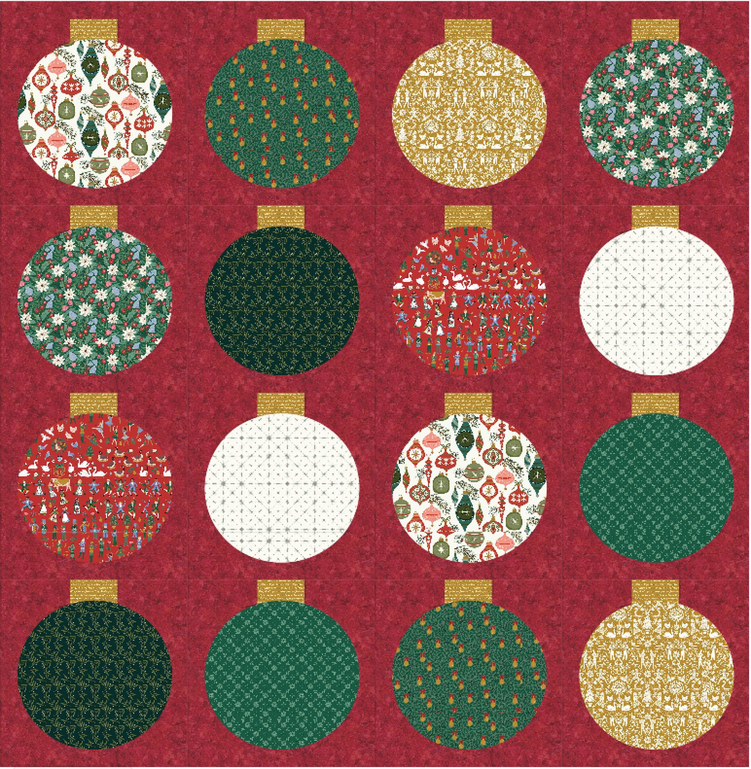 Retro Ornaments Christmas Quilt Kit | Includes Pattern by Lo and Behold Stitchery | 64in x 64in Throw/Lap Size Quilt Kit