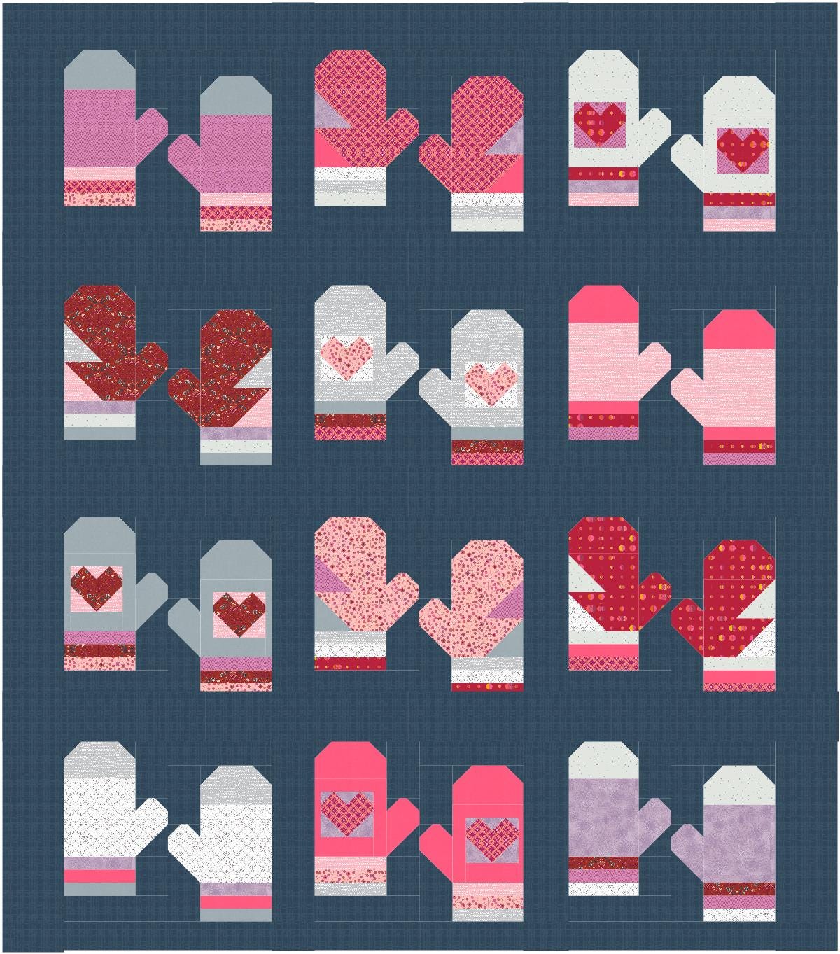 Cold Front Quilt Kit | Colorful mittens in pink grey and blue, Includes Pattern (64" x 73")