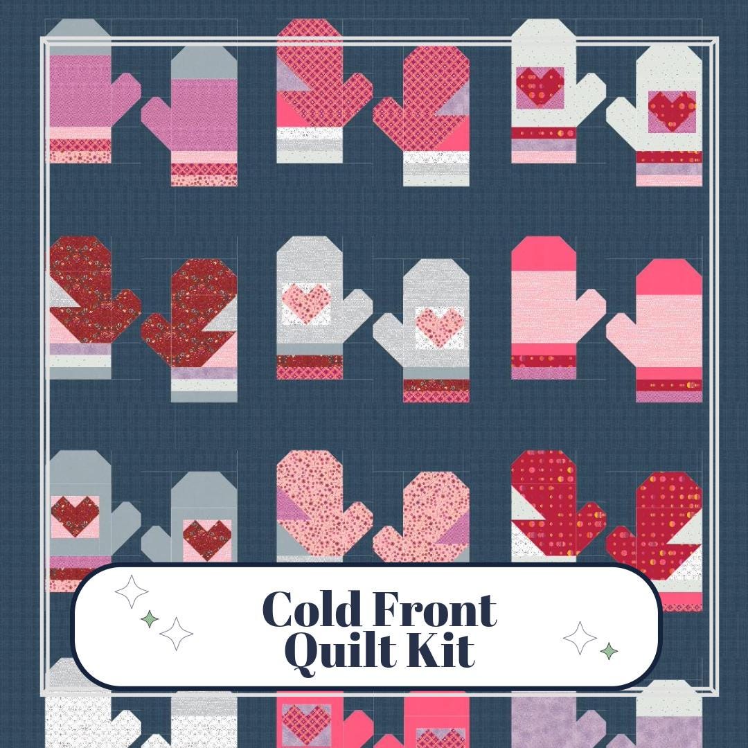Cold Front Quilt Kit | Colorful mittens in pink grey and blue, Includes Pattern (64" x 73")