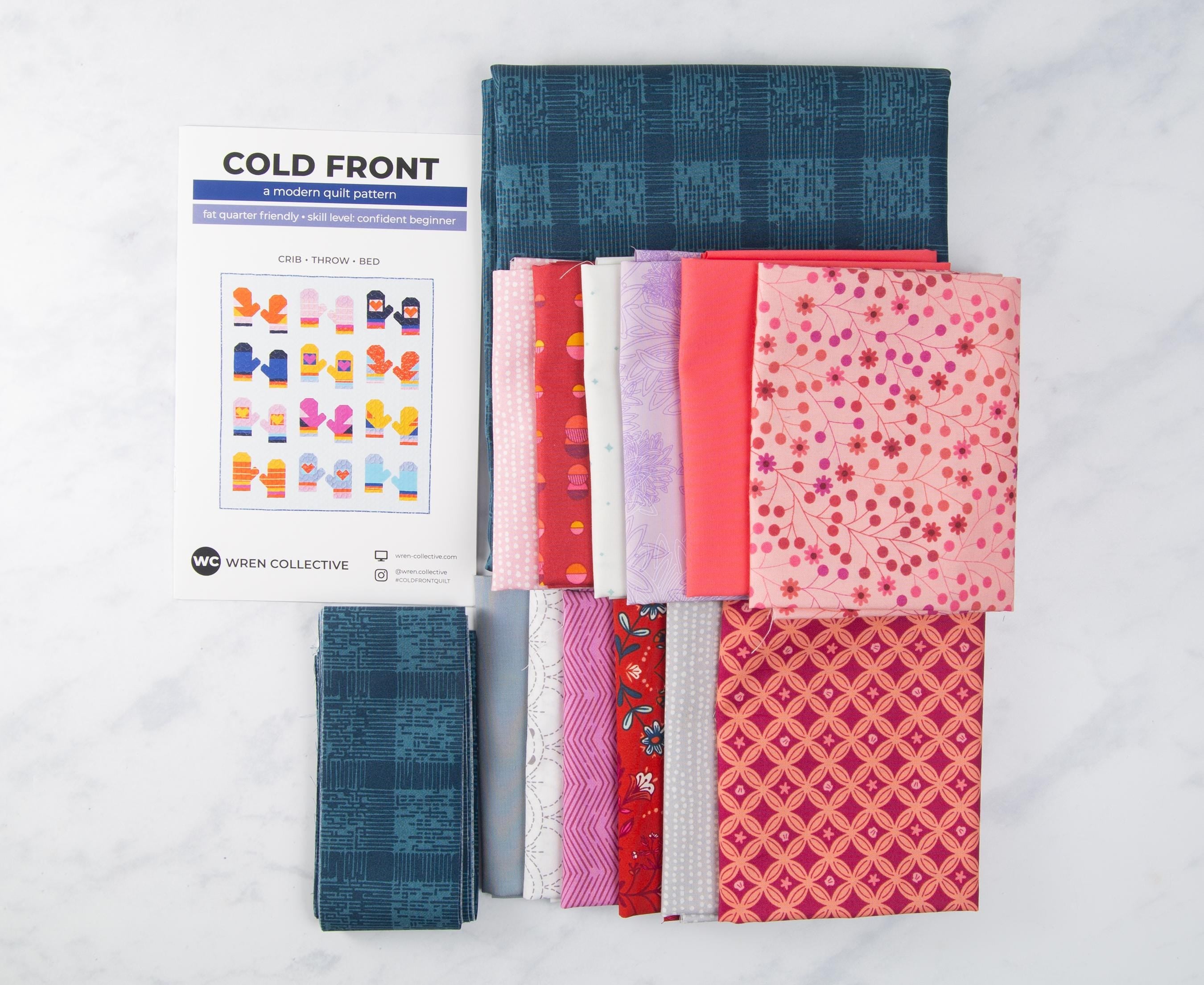 Cold Front Quilt Kit | Colorful mittens in pink grey and blue, Includes Pattern (64" x 73")
