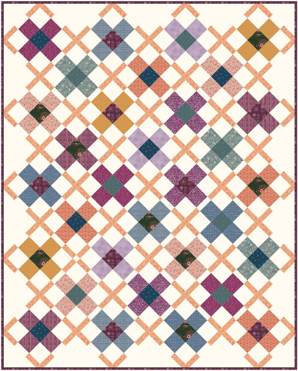 Precut Quilt Kit – The Ruth Throw Quilt in purple, peach, gold, Includes Pattern, (57" x 71")