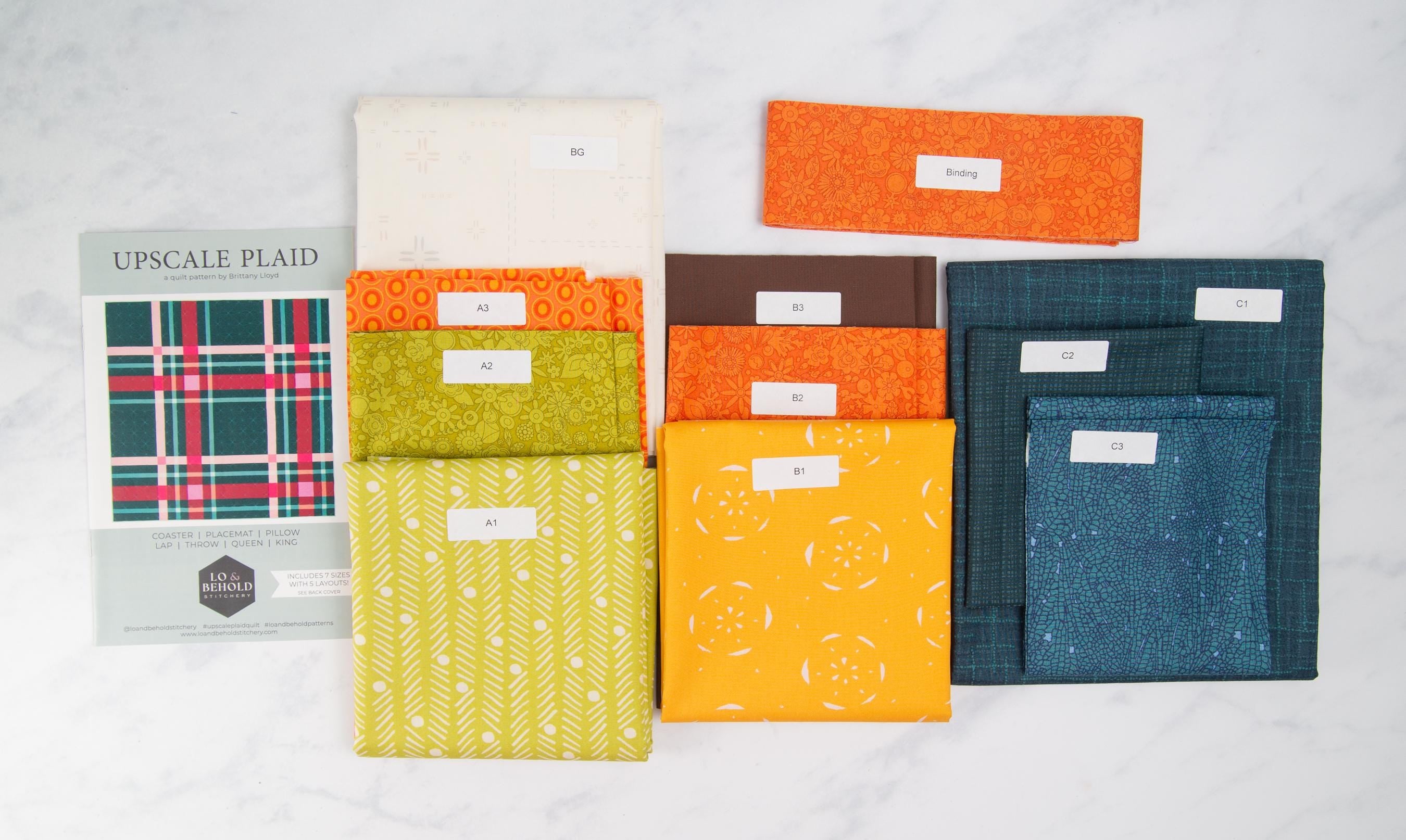 Upscale Plaid Quilt Kit | Includes Pattern by Lo and Behold Stitchery | 67in x 67in Throw Size Quilt Kit | Green, Orange, Blue colorway