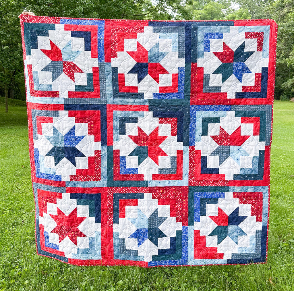 Precut Quilt Kit - Ready to Sew!  | Cozy Cabin - Red White and Blue - Patriotic | Includes Printed Pattern |  60" x 60" Throw Quilt