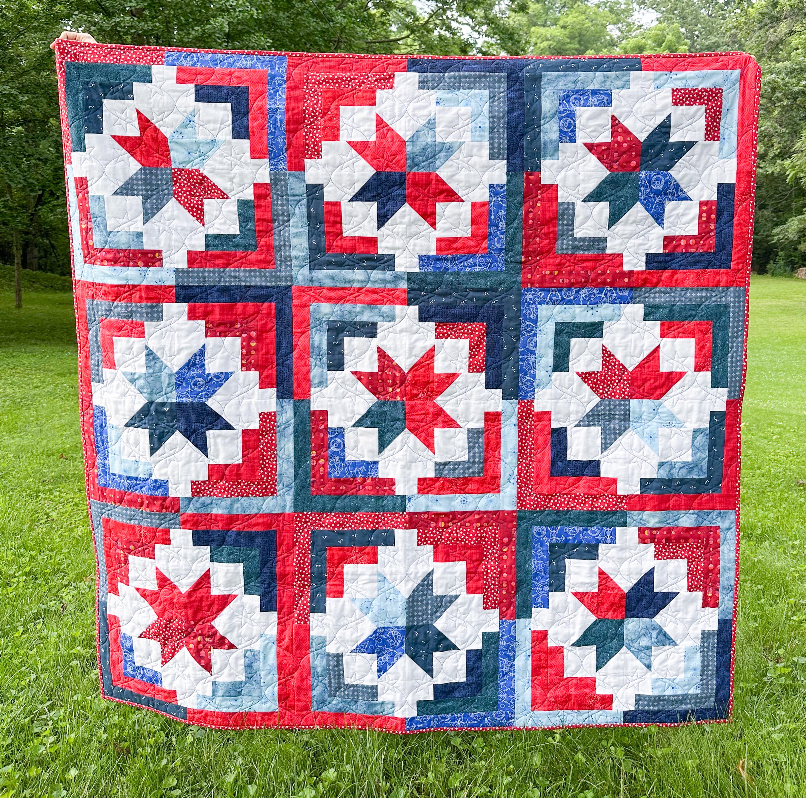 Precut Quilt Kit - Ready to Sew!  | Cozy Cabin - Red White and Blue - Patriotic | Includes Printed Pattern |  60" x 60" Throw Quilt