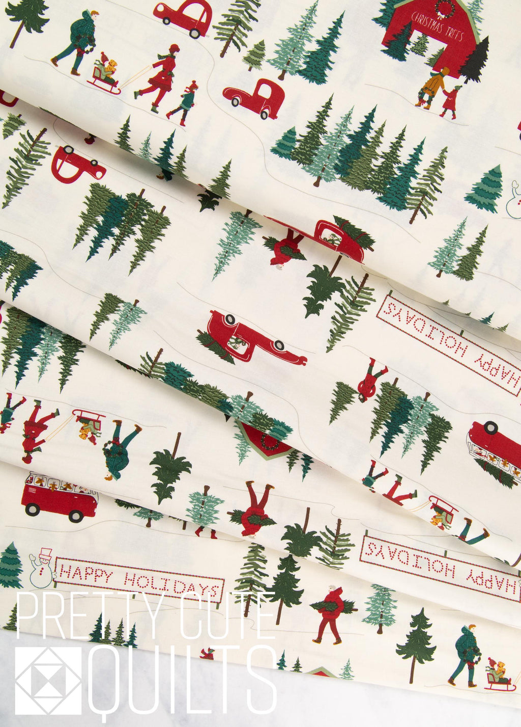 Christmas Is in Town Main Cream C14740-CREAM by Riley Blake Fabrics, barn and christmas trees on cream