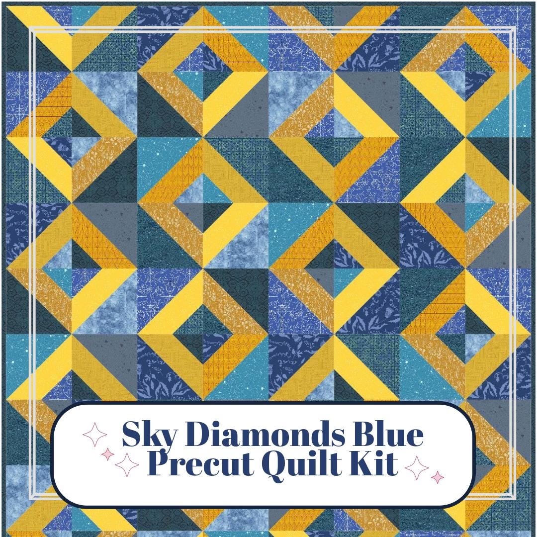 Precut Quilt Kit- Ready to Sew! | Sky Diamonds Blue/Gold Quilt Kit| Includes Printed Pattern  60" x 75" Throw Quilt Kit |Beginner Friendly