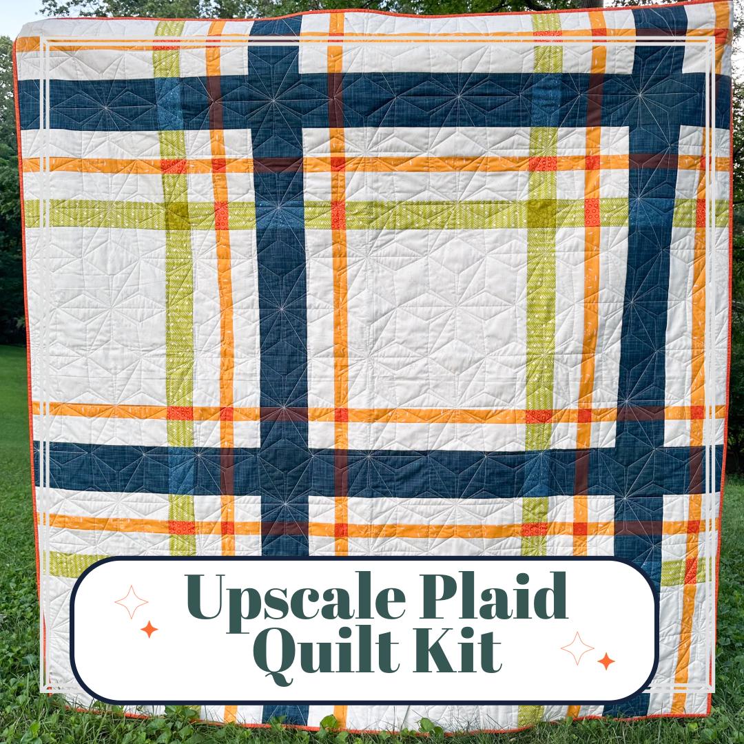Upscale Plaid Quilt Kit | Includes Pattern by Lo and Behold Stitchery | 67in x 67in Throw Size Quilt Kit | Green, Orange, Blue colorway