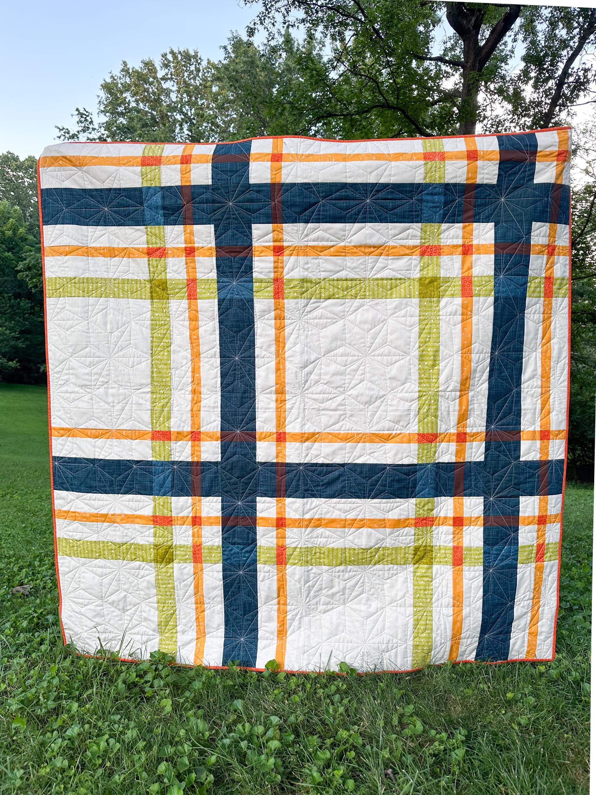 Upscale Plaid Quilt Kit | Includes Pattern by Lo and Behold Stitchery | 67in x 67in Throw Size Quilt Kit | Green, Orange, Blue colorway
