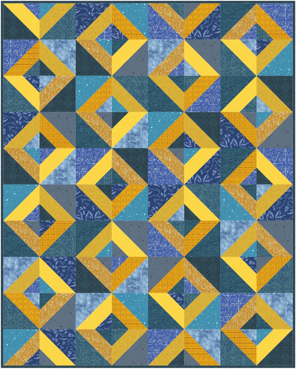 Precut Quilt Kit- Ready to Sew! | Sky Diamonds Blue/Gold Quilt Kit| Includes Printed Pattern  60" x 75" Throw Quilt Kit |Beginner Friendly