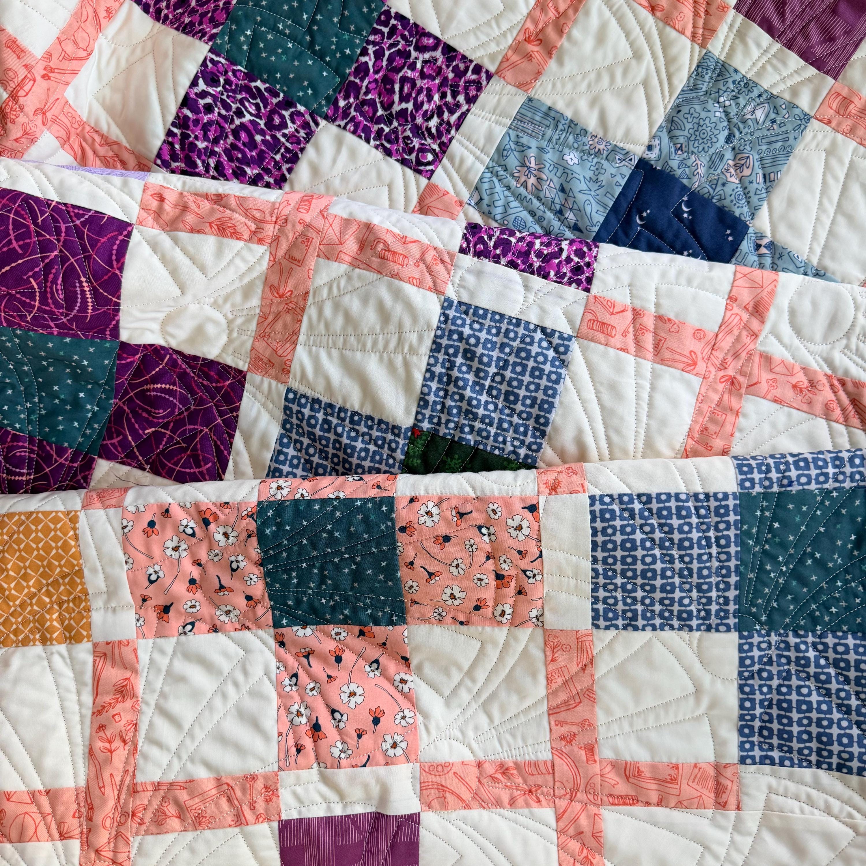 Precut Quilt Kit – The Ruth Throw Quilt in purple, peach, gold, Includes Pattern, (57" x 71")