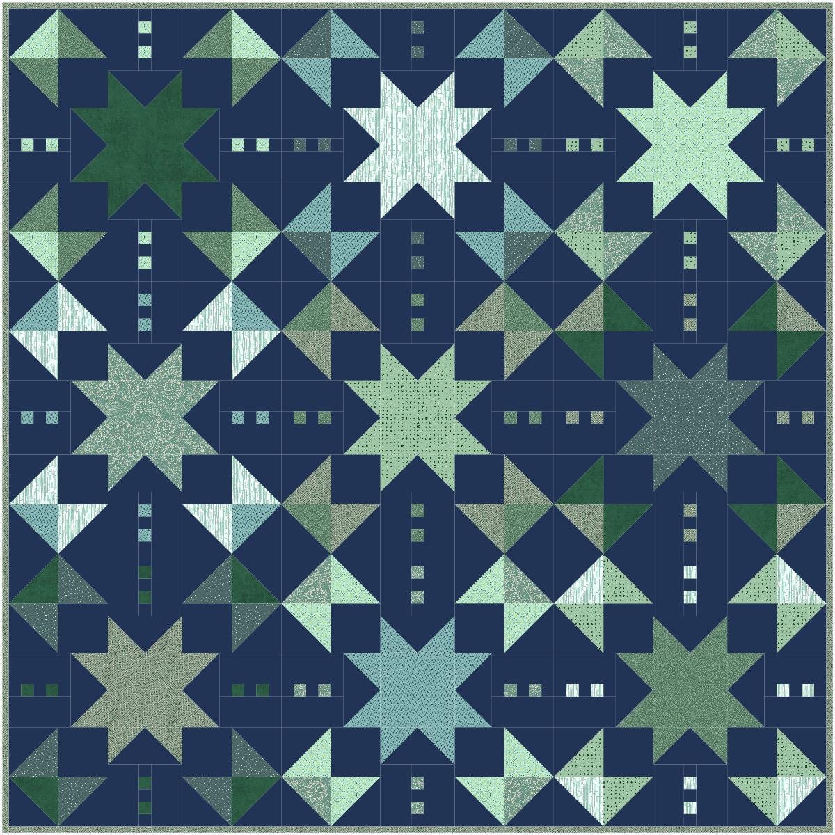 Precut Quilt Kit - Ready to Sew! | Starshine Quilt - Blue & Green | Includes Pattern | 66in x 66in Throw Size Quilt Kit