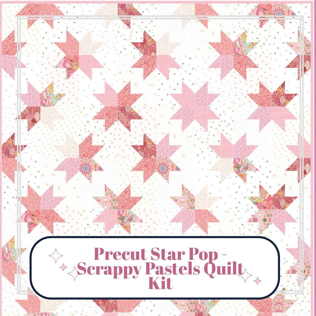 Precut Quilt Kit – Ready to Sew, Star Pop Quilt Kit, Scrappy Pinks and Pastels, Includes Printed Pattern (60" x 70")