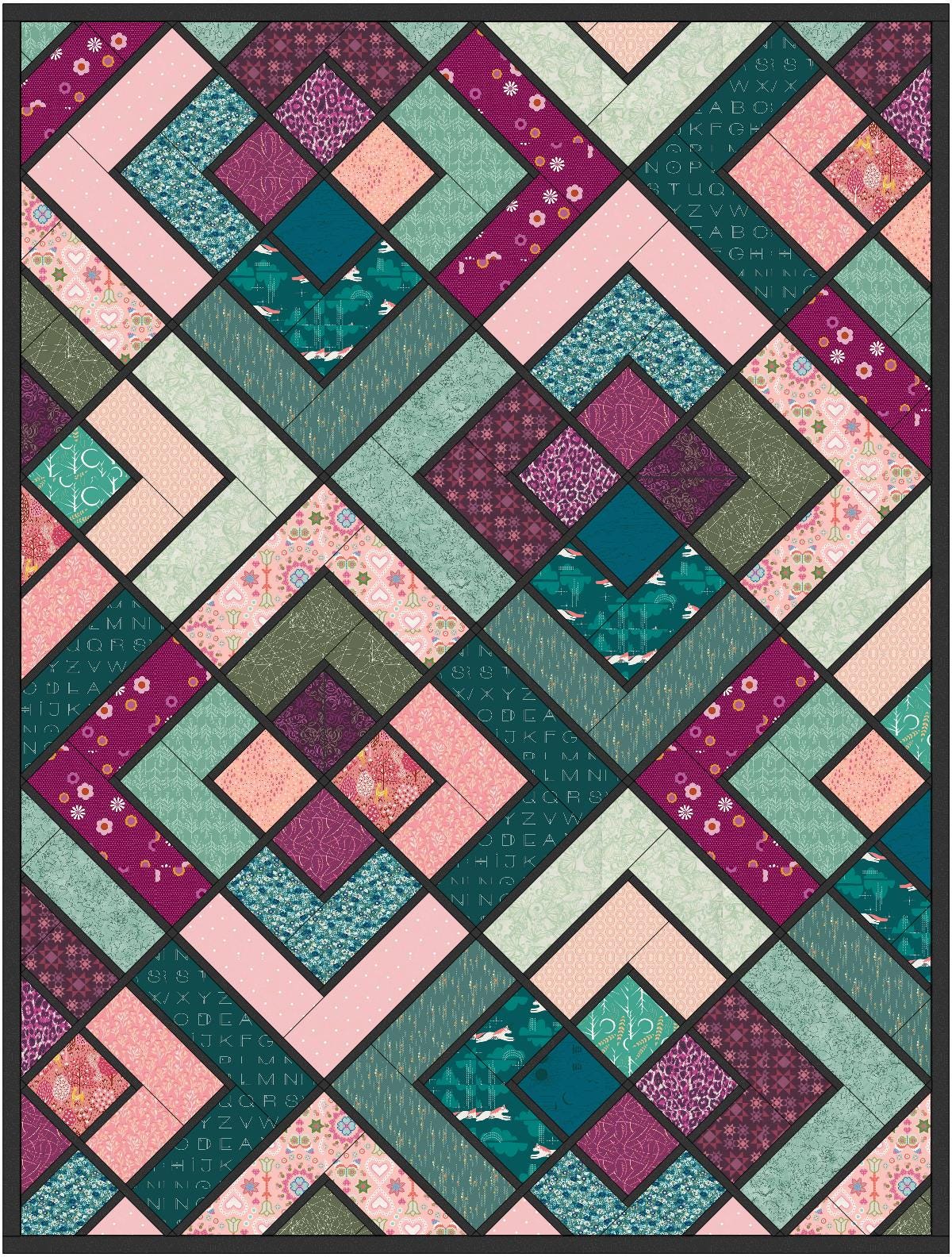 The Penny Quilt Kit, Throw Quilt, Includes Pattern (55 x 74), purple, teal, pink, green