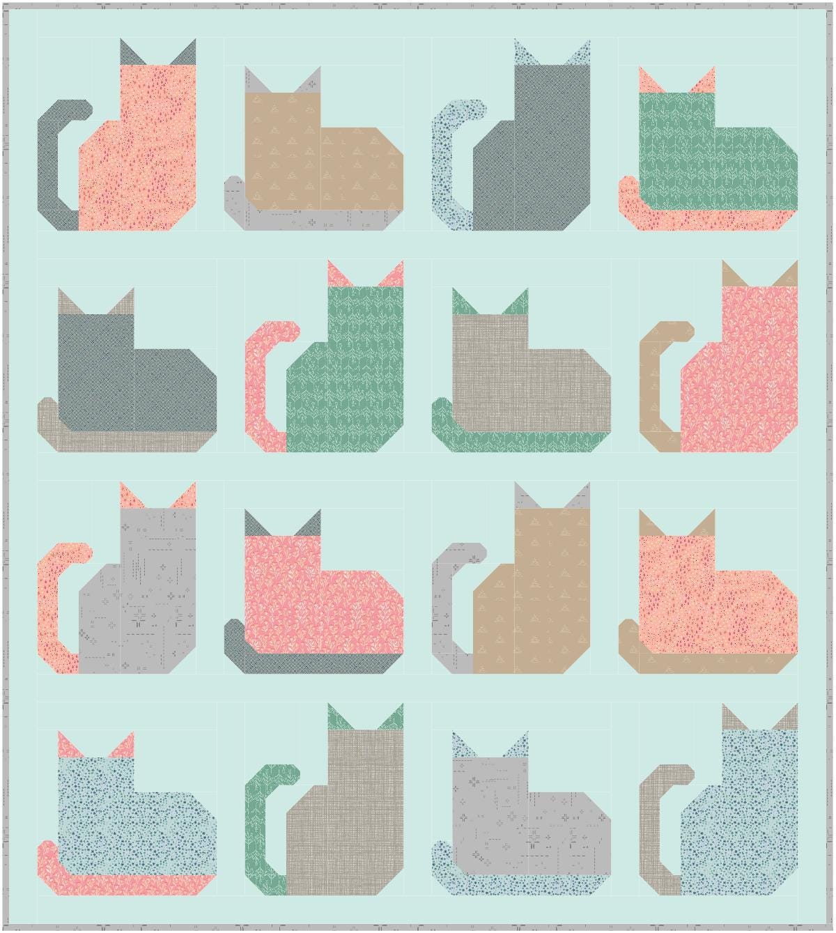 Precut Kitty Cats Quilt Kit – Ready to Sew, Pastel Cats Throw Quilt - Includes Pattern (59" x 66")