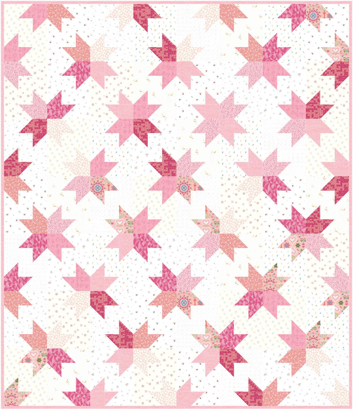 Precut Quilt Kit – Ready to Sew, Star Pop Quilt Kit, Scrappy Pinks and Pastels, Includes Printed Pattern (60" x 70")