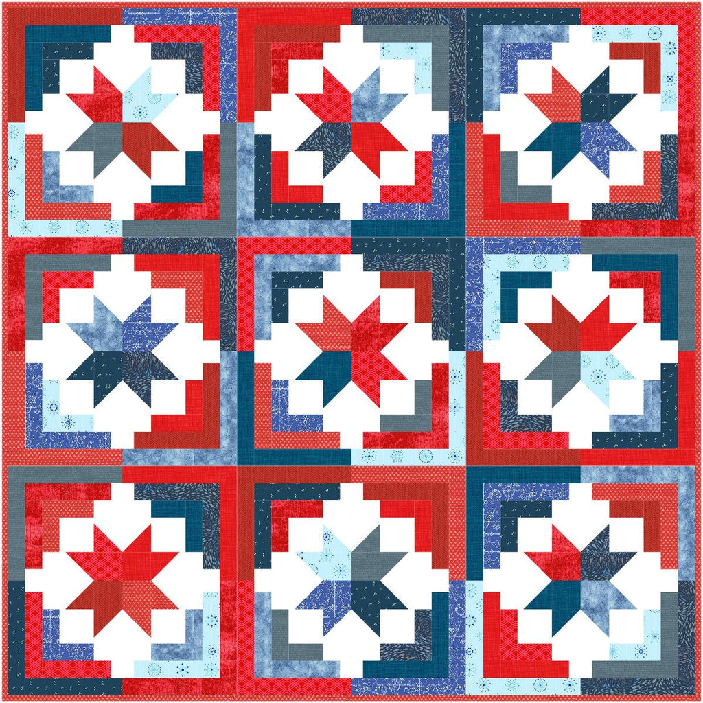 Precut Quilt Kit - Ready to Sew!  | Cozy Cabin - Red White and Blue - Patriotic | Includes Printed Pattern |  60" x 60" Throw Quilt