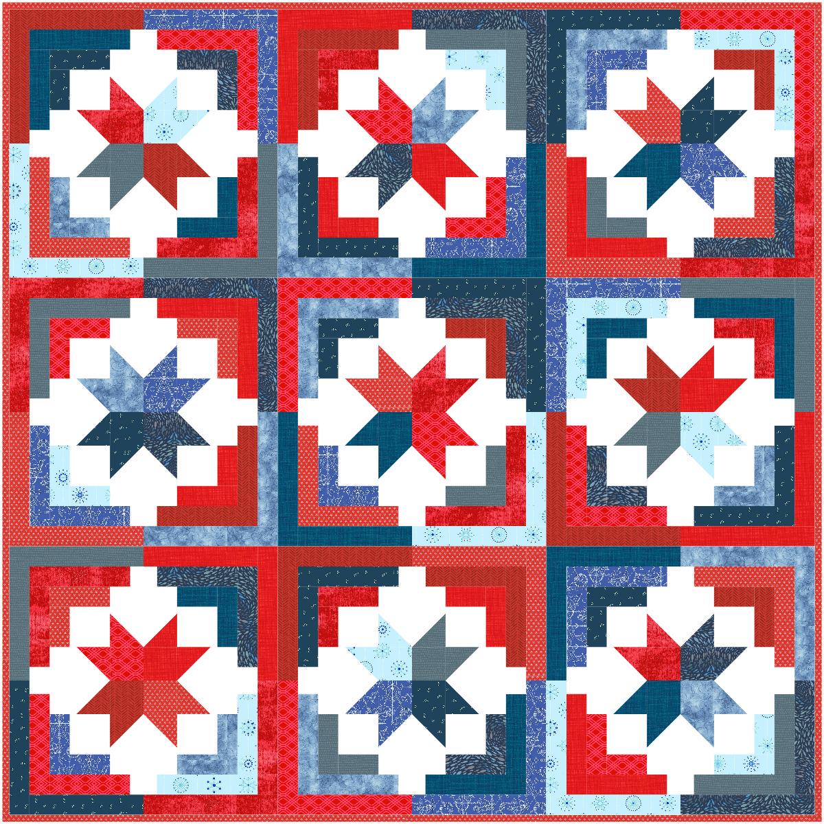 Precut Quilt Kit - Ready to Sew!  | Cozy Cabin - Red White and Blue - Patriotic | Includes Printed Pattern |  60" x 60" Throw Quilt
