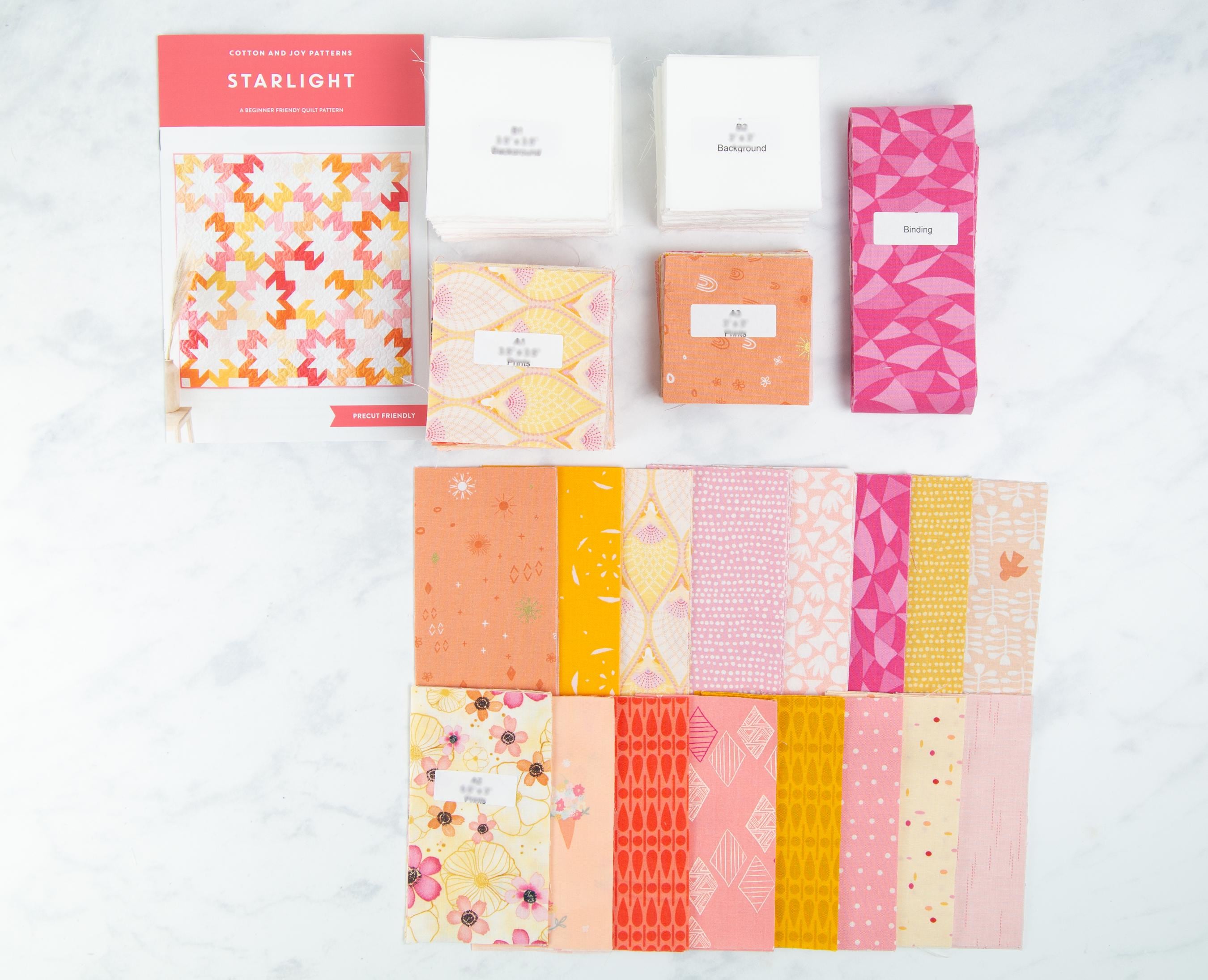 Precut Quilt Kit – Ready to Sew, Starlight Pattern in Peach, Yellow, Orange- Extra Long Throw (60" x 75")
